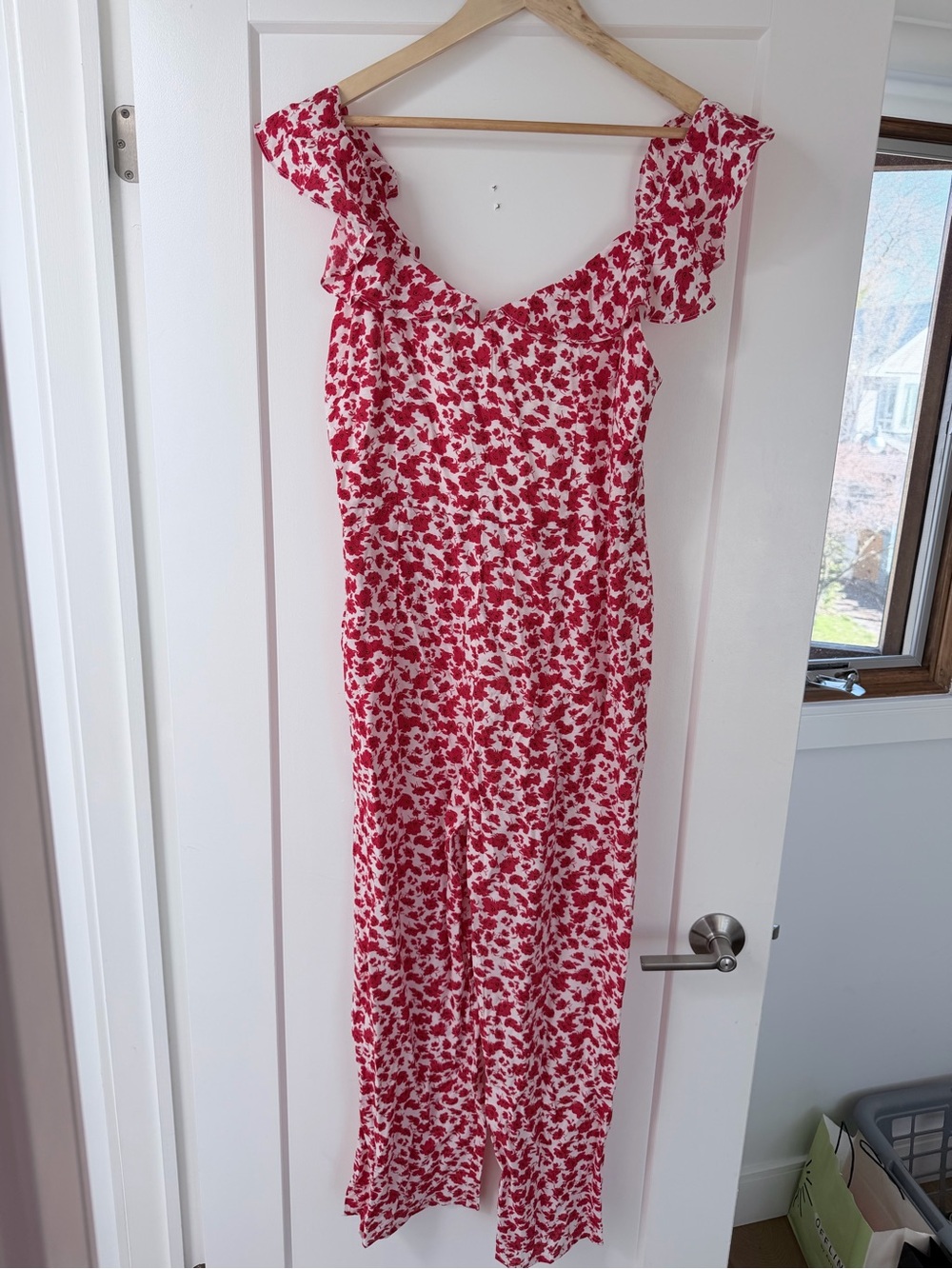 Mango Red and White Floral Ruffle-Shoulder Maxi Dress